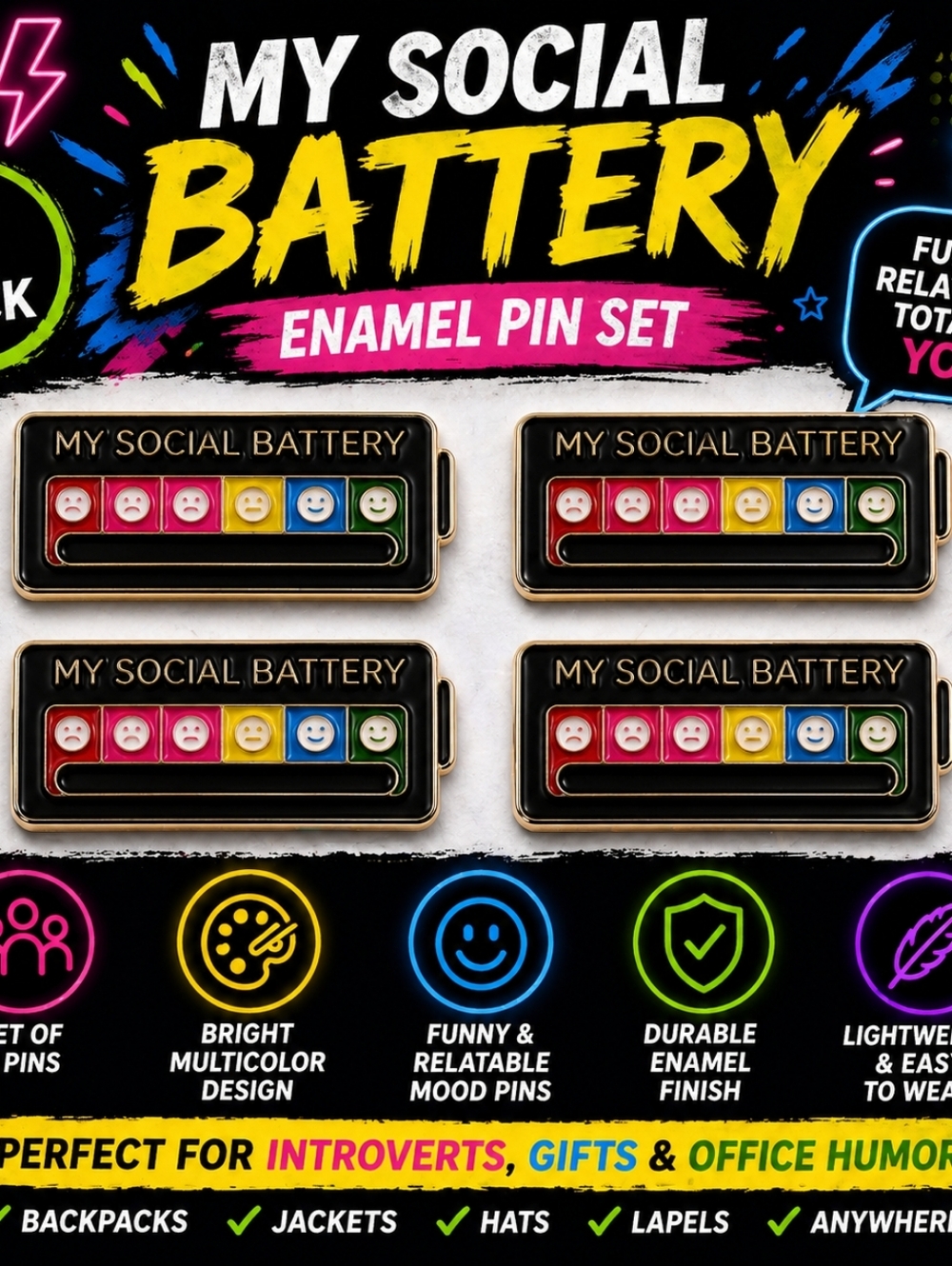 4Pcs My Social Battery Mood Brooch Pin Enamel Lapel Pins for Backpack Collar Hat